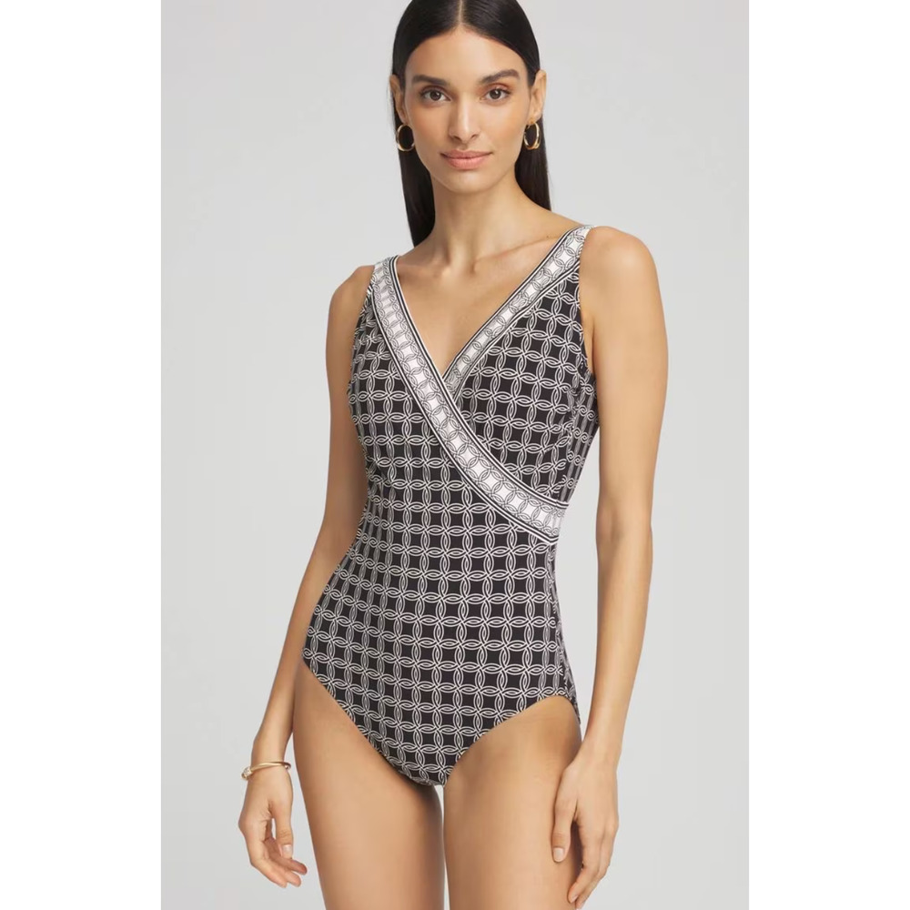NEW GOTTEX BLACK CREAM GOLDEN CHIC SURPLICE ONE PIECE SWIMSUIT SZ 12